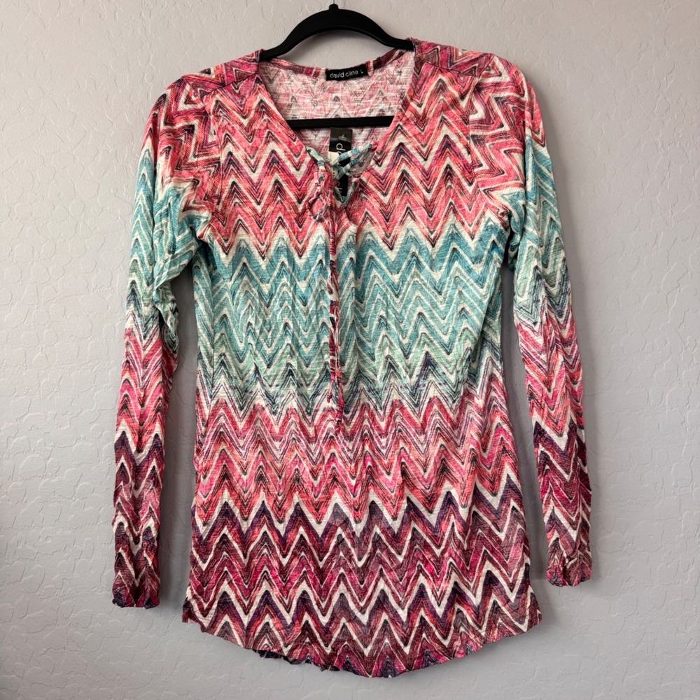 NWT David Cline Large Blouse Pink Teal Long Sleeve Lace Up Chevron Zigzag Top